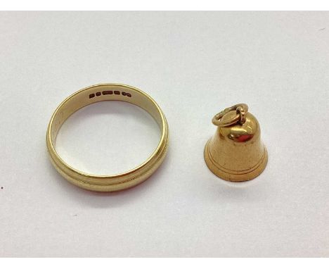 A 9ct Gold Novelty Bell Charm, together with a 9ct gold wedding band ring, of plain reeded design (finger size N1/2) (3grams)