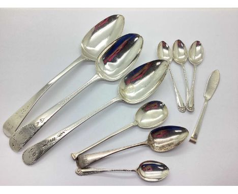 An Assortment of Hallmarked Silver Flatware, to include a Georgian hallmarked serving spoon, personalised "E.B" to handle, a 