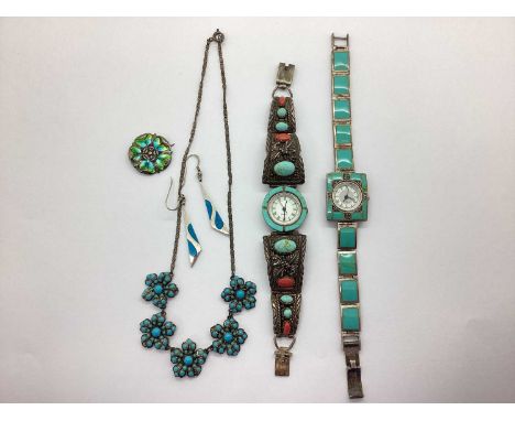 Abrahall &amp; Bint; An Enamelled Yorkshire Rose Brooch, highlighted in turquoise and green enamel (damages), together with a