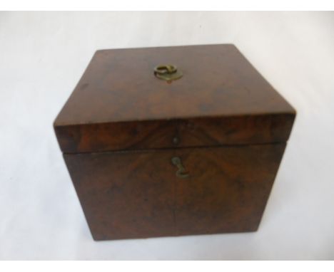 Victorian burr walnut tea caddy with ring handle to top approx. 5" tall