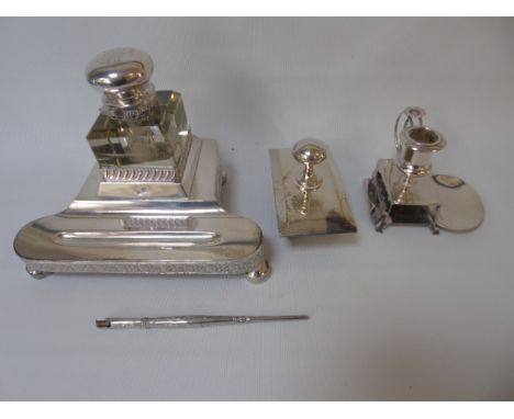 3 Piece Russian silver desk set complete with pen, inkwell and stand, chamber stick and blotter