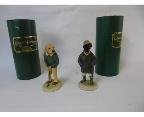 2 Robert Harrop dog figures golden retriever playing golf and a Labrador shooting