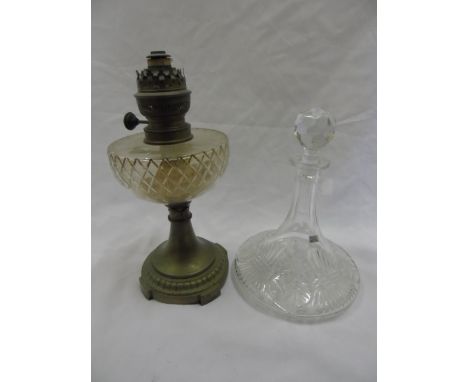 Cut glass and brass vintage oil lamp approx 12" tall and cut glass ships decanter and stopper