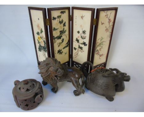 Oriental miniature 4 fold screen made from tile and wood, dragon tea pot, small tea pot and an antique carved lion