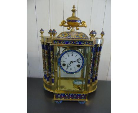 Large very ornate brass and cloisonn� mantle clock approx 18" tall and 14" wide complete with enamel pendulum and dial