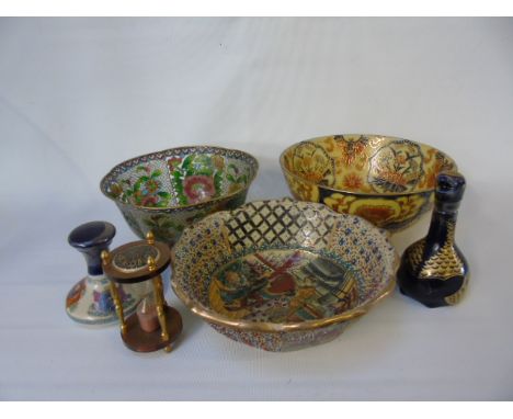 3 Oriental bowls, 2 decanters and an egg timer
