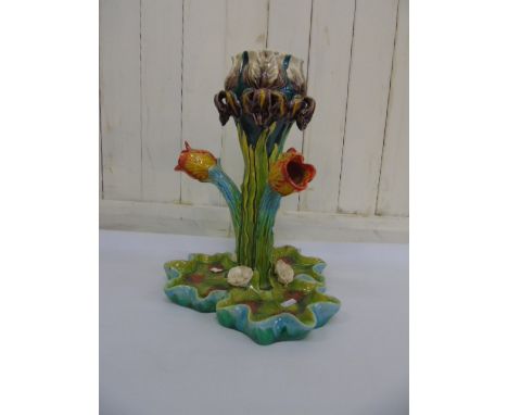 Majolica stylised flower epergne with large central stem and 3 branches approx 14" high