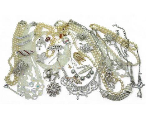 A good collection of vintage diamante some signed by Avon, Weiss, Boucher, a silver rose brooch and statement crystal beads C