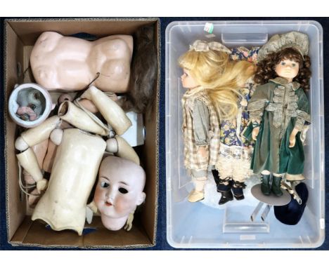 Assorted articulated doll body parts, including an Armand Marseille no. 390 porcelain head; together with a collection of lat