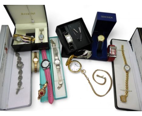 A liquid silver watch, two Marcel Druker ladies watches, a modern Ingersoll pocket watch, a Tirza vintage watch and a collect