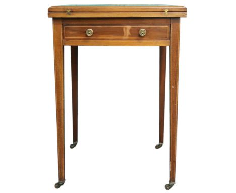 An early 20th century mahogany lined inlay envelope card table with single drawer on square tapering supports (def), 77cm hig