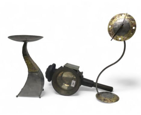 A carriage lamp, together with a brushed metal clock and candlestand Condition Report:Available upon request