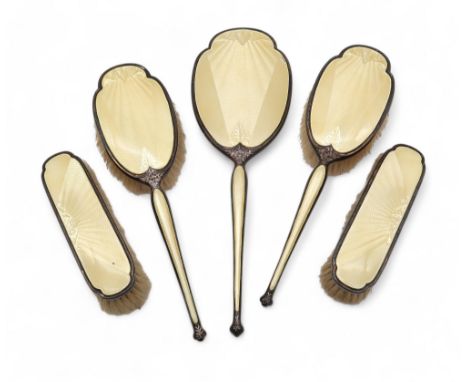 A five piece yellow guilloche enamel silver dressing set, by Charles S Green &amp; Co, Birmingham 1929 (5) Condition Report:A