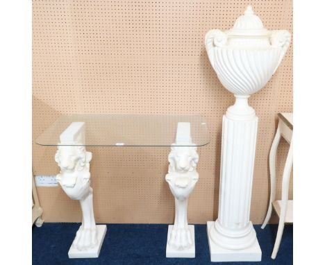 A lot comprising a contemporary white ceramic urn on reeded pedestal stand, 148cm high and a glass topped hall table on styli
