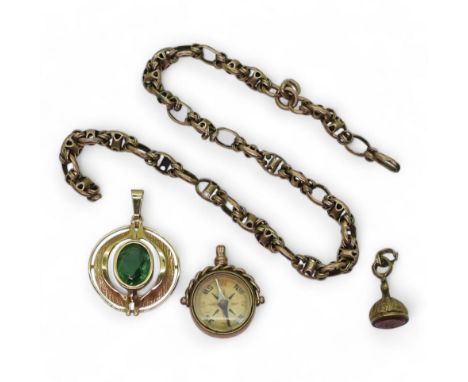 A yellow metal partial chain, and a 9ct gold fob seal compass set with bloodstone, a retro 9ctgold green gem pendant weight a