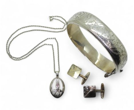 A silver bangle marked SPS&amp;Co of Birmingham 1966, together with a silver and pink gem Mackintosh style rose pendant on ch