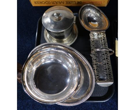 A collection of EPNS including a tea caddy by Hukin &amp; Heath, a dish, a smaller example, a small rectangular basket etc Co
