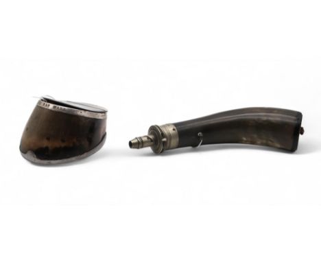 A white metal mounted horse hoof snuff box, engraved 'THE BAY MARE', and an EPNS mounted powder horn, the mount by Dixon &amp