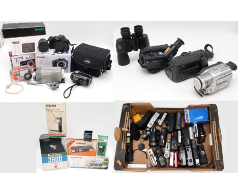 A large assortment of point-and-shoot film and digital cameras and accessories, to include a boxed Canon Eos 450D camera with