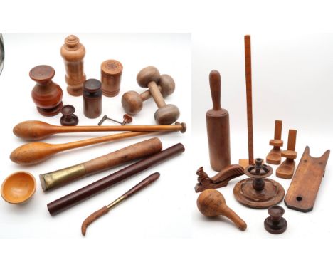 A collection of treen, to include a substantial masher, two gilder's agate burnishers, a pair of Indian juggling clubs, a pai