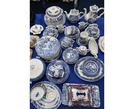 Assorted blue and white transfer printed table wares including Myott The Hunter pattern coffee pot, dinner plates, soup bowls