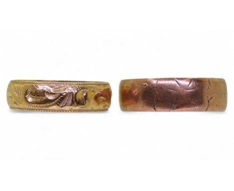 An 18ct gold floral hand engraved wedding ring, size O, weight 4.1gms, together with a 9ct rose gold example size R, weight 3