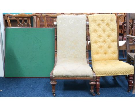 A lot comprising a Victorian Walnut framed Prie Dieu chair, another button upholstered Prie Dieu chair and a folding card tab