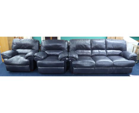 A modern black vinyl upholstered three piece suite comprising three seater sofa and pair of recliner armchairs (3) Condition 