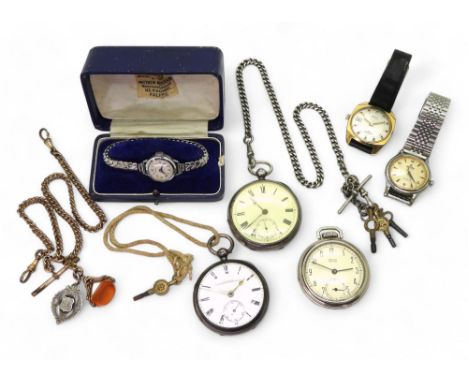A wristwatch marked Rotary, together with a wristwatch marked Roamer, two silver open face pocket watches, silver fob chain a