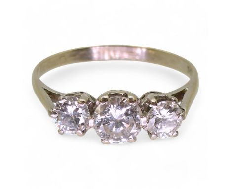 A three stone diamond ring set with estimated approx 1.10cts of brilliant cut diamonds, finger size R, weight 2.8gms Conditio