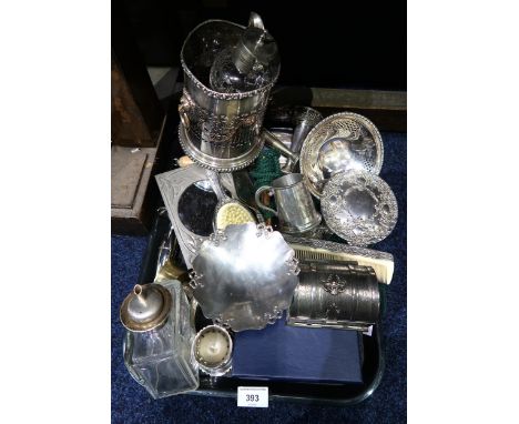 A silver-mounted bottle. by Hukin &amp; Heath, Birmingham, specimen vases, dressing sets, a copper hunting horn, a trinket bo