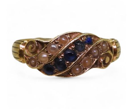 An 18ct gold pearl and blue gem set vintage ring in original heart shaped box, finger size L1/2, weight 3.1gms Condition Repo