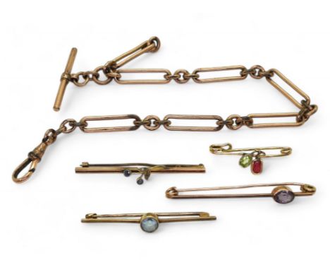 Three 9ct gold gem set vintage brooches to include peridot and amethyst, a further yellow metal aquamarine brooch, weight all