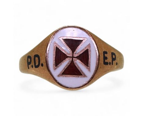 A 9ct rose gold Knights Templar ring with enamel detail, hallmarked Birmingham 1970, size W, weight 7.5gms Condition Report:A