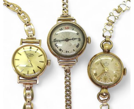 A 9ct gold ladies Rotary watch and strap, a 9ct gold swiss watch and strap, the mechanism stamped Longines, the dial marked R