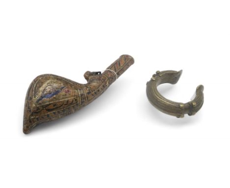 A Persian papier mache powder flask and a heavy ankle bangle Condition Report:Available upon request