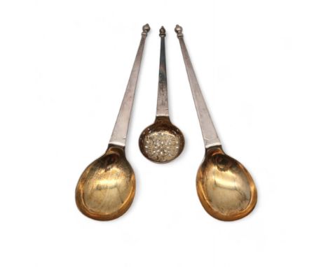 A pair silver serving spoons, by&nbsp;Josiah Williams &amp; Co , London 1903, with tapering stems and ball finials, and a sil
