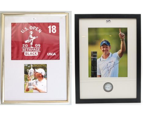 Golf - a US Open 18th hole pin flag signed by Lucas Glover, framed under glass above a photograph of Glover with printed sign