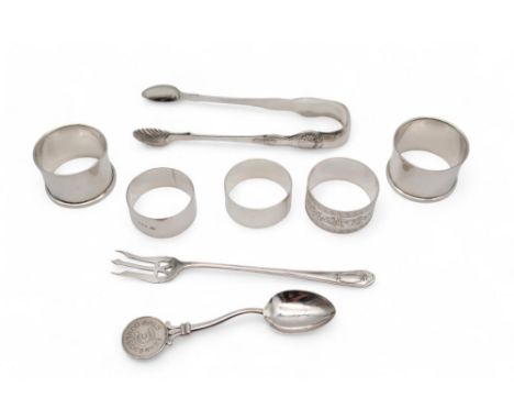A collection of flatware including a pair of silver napkin rings, by Duncan &amp; Scobie, Birmingham 1936, another pair, a si