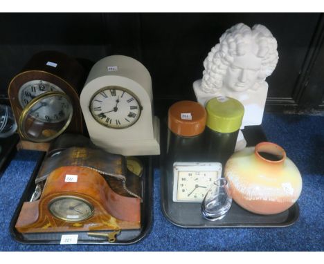 Assorted clocks, a plaster bust of Handel, and Ashworth pottery vase, Kosta glass vase etc Condition Report:Available upon re