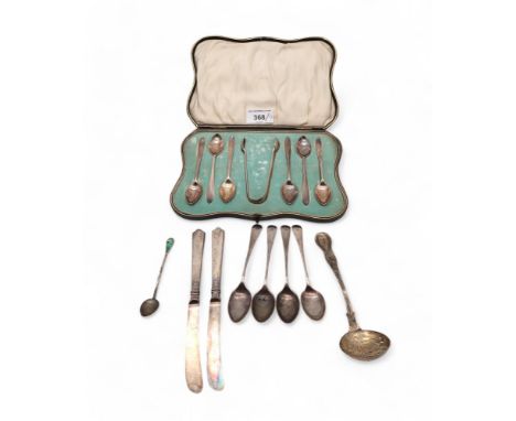 A cased set of silver teaspoons and sugar tongs, by Elkington &amp; Co, Glasgow 1921, flatware including four silver Old Engl