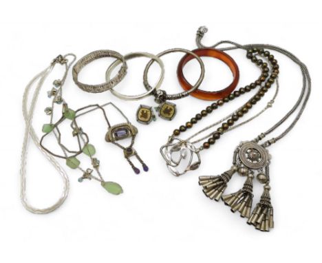 A bronze pearl and silver necklace by Sheana M Stephen of Edinburgh, a further white metal necklace, a silver ribbon chain, s