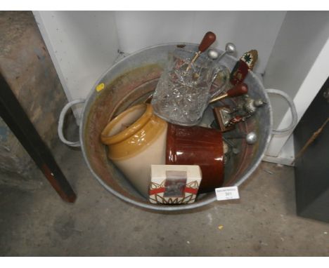 enamel tub & contents inc. Stoneware & cut glass