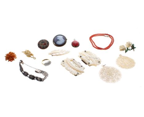 Collection of assorted costume jewellery; including coral coloured bead necklace, two mother of pearl circular openwork penda