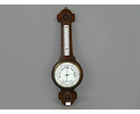 Good oak cased barometer and thermometer