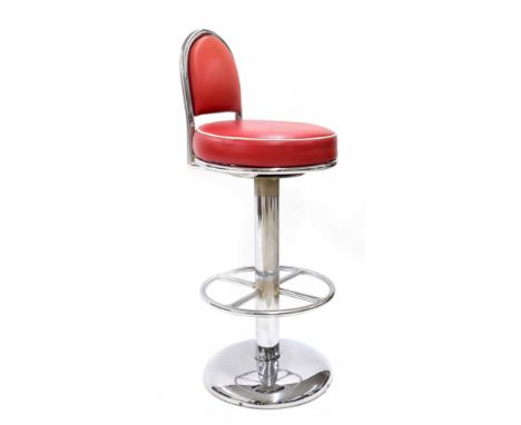 Vintage chrome and red leatherette upholstered bar stool, 42.5" high