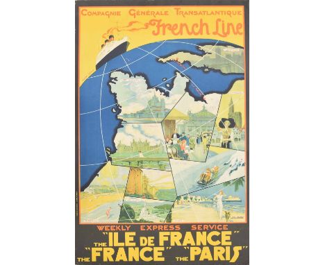 Campagnie Generale Transatlantique, French Line Weekly Express Service travel advertisement poster, printed in France - Crete