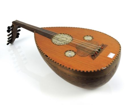 Old inlaid lute with fretwork pierced soundholes, some restoration required