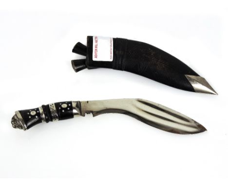 Ghurka Kukri silver mounted knife and scabbard, complete with the two smaller knives, approx 9.8" long