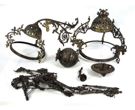 Intricate and decorative gilt metal rococo style ceiling and wall light fittings (small losses)